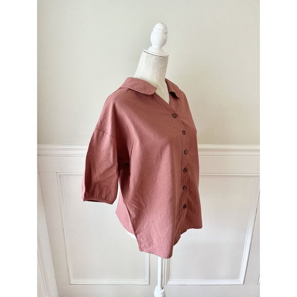Dazy M Terra Cotta Peter Pan Collar Short Sleeve Button Down Shirt EUC - Picture 2 of 5